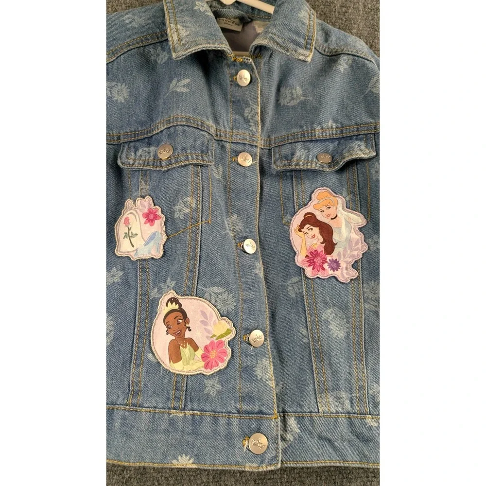 Disney Princess Girls Lined Denim Jacket Belle Cinderella Tiana Floral Print 5/6 - Picture 3 of 9